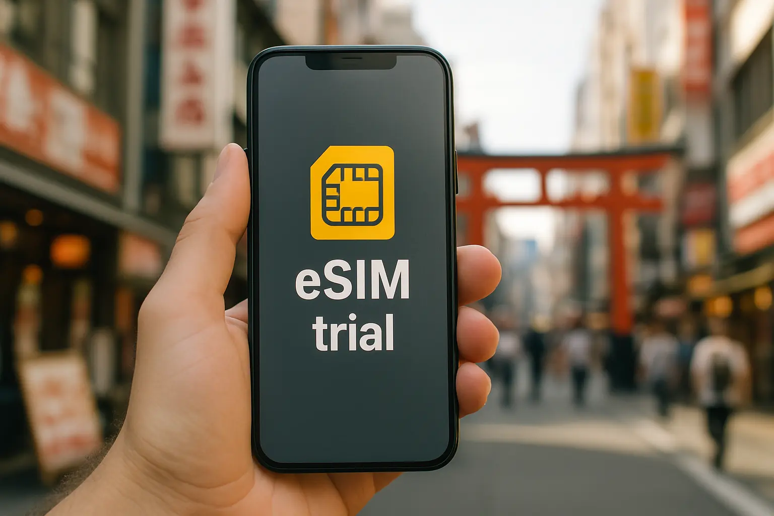 Woman holding phone displaying eSIM activation screen with Japan map visible