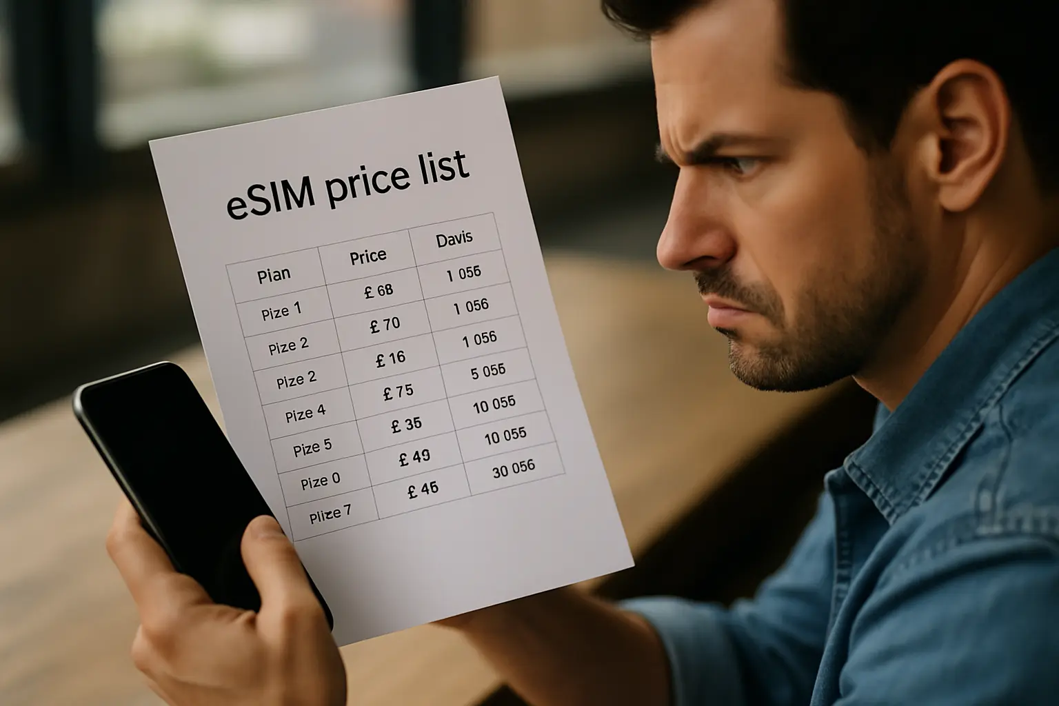 Person comparing eSIM pricing plans on a smartphone screen with highlighted cost figures