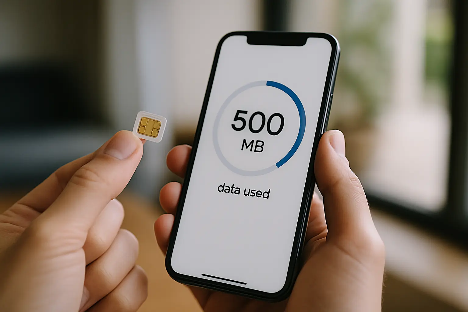 Woman holding smartphone displaying eSIM activation screen with low data allowance