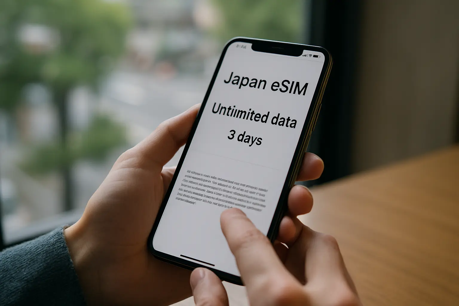 Japan eSIM unlimited data plan fine print and terms displayed on a smartphone screen
